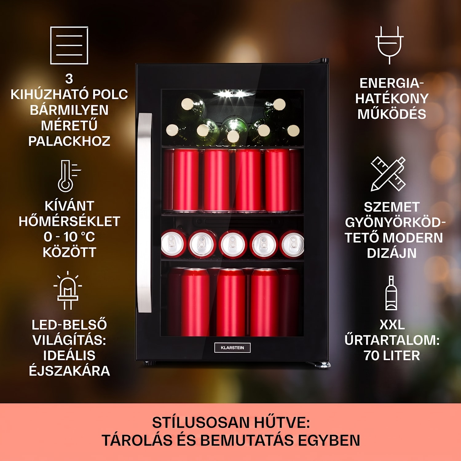Beersafe 70 Craft Beer Edition, hűtőszekrény, 70 liter, üvegajtó, rozsdamentes acél 
