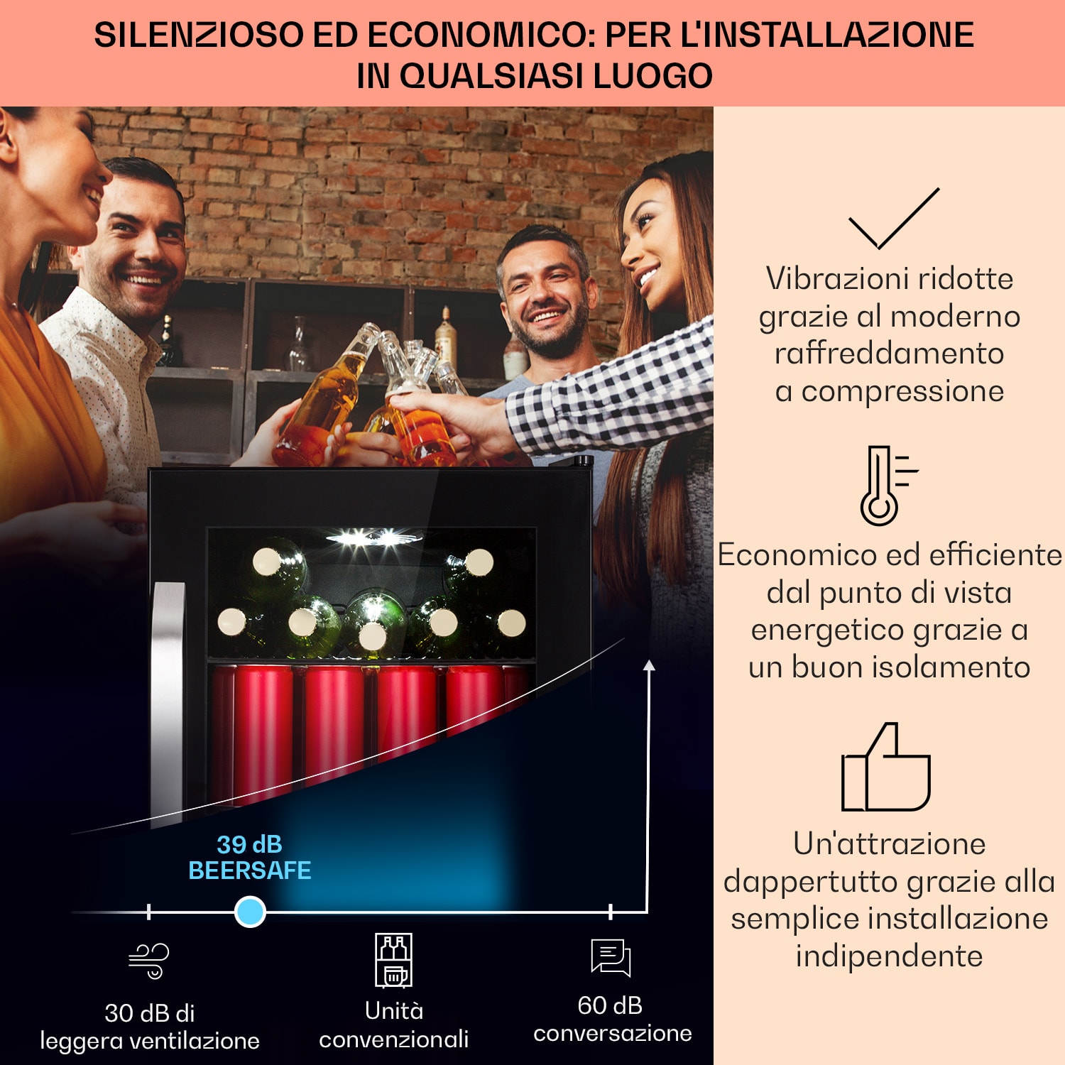 Beersafe 70 Craft Beer Edition - Frigorifero, 70 litri, 3 ripiani, sportello panoramico in vetro, acciaio inox 