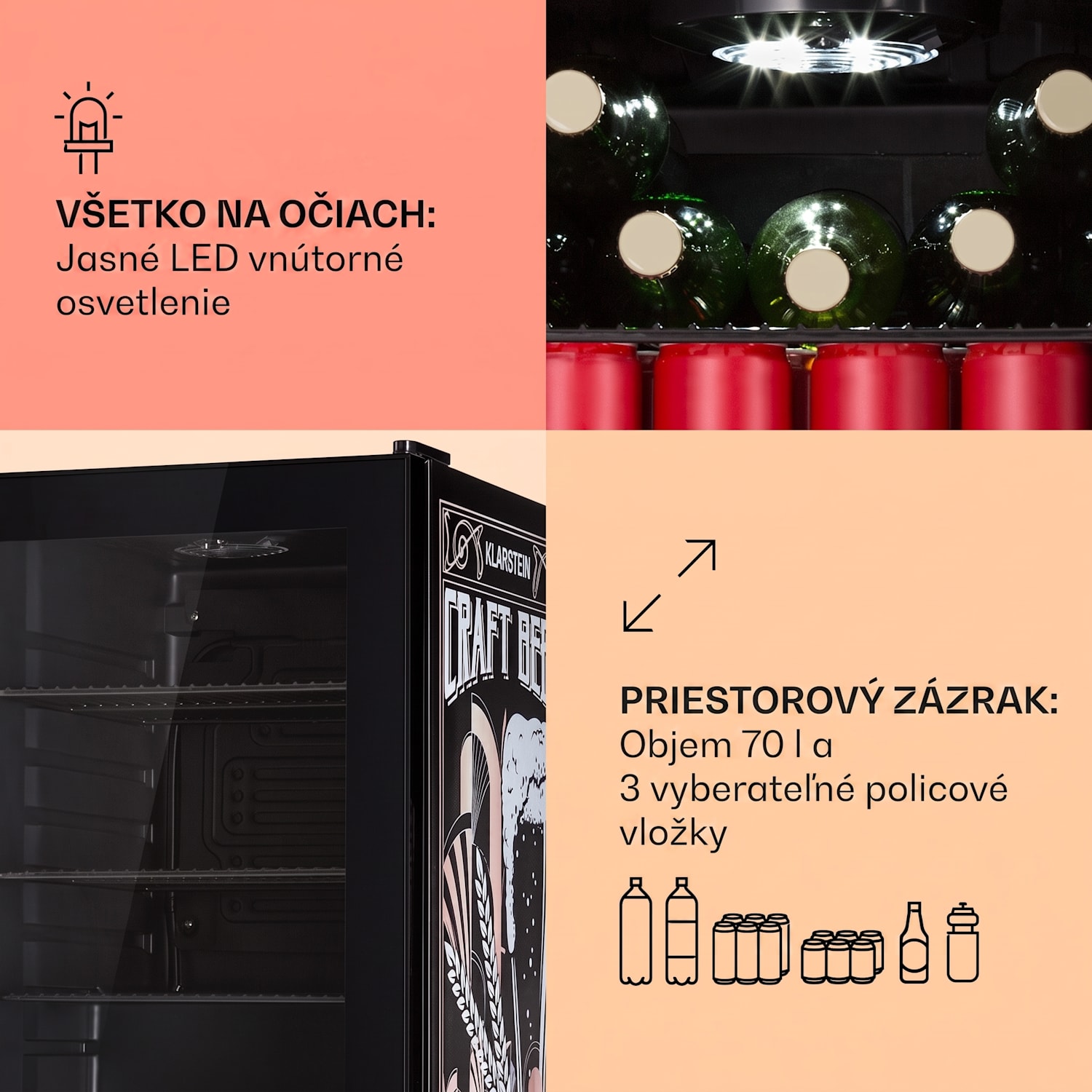 Beersafe 70 Craft Beer Edition, chladnička, 70 litrov, sklenené dvere, nehrdzavejúca oceľ 