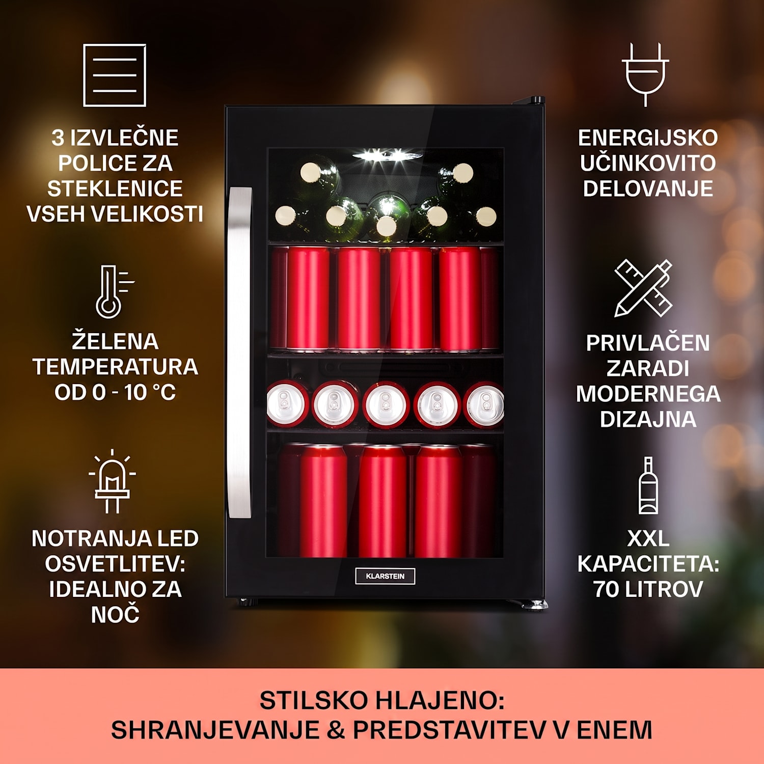 Beersafe 70, Birra Edition, hladilnik, 70 litrov, panoramska steklena vrata, nerjaveče jeklo 