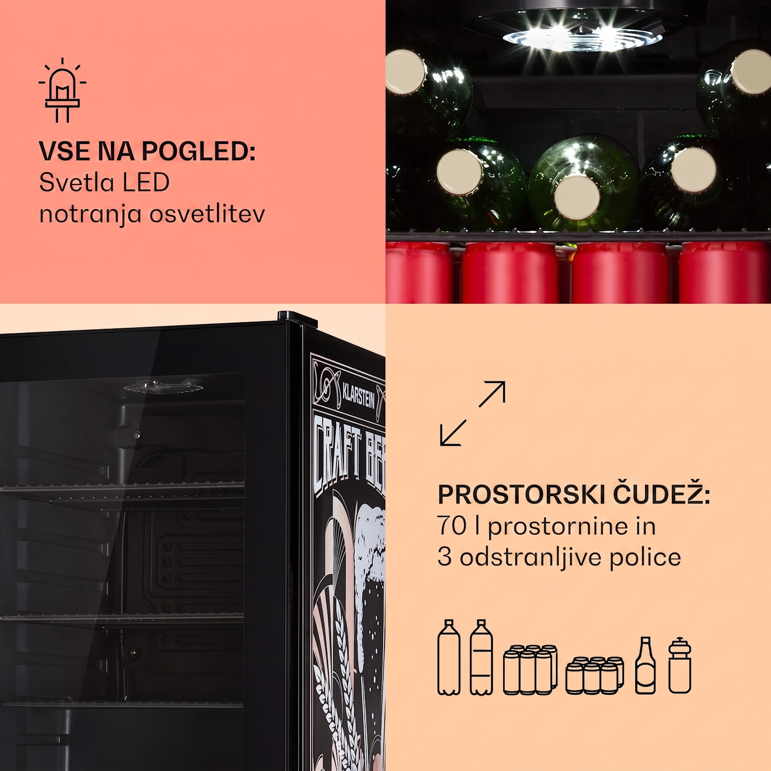 Beersafe 70, Birra Edition, hladilnik, 70 litrov, panoramska steklena vrata, nerjaveče jeklo 