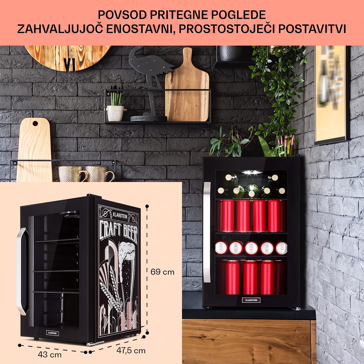 Beersafe 70, Birra Edition, hladilnik, 70 litrov, panoramska steklena vrata, nerjaveče jeklo 