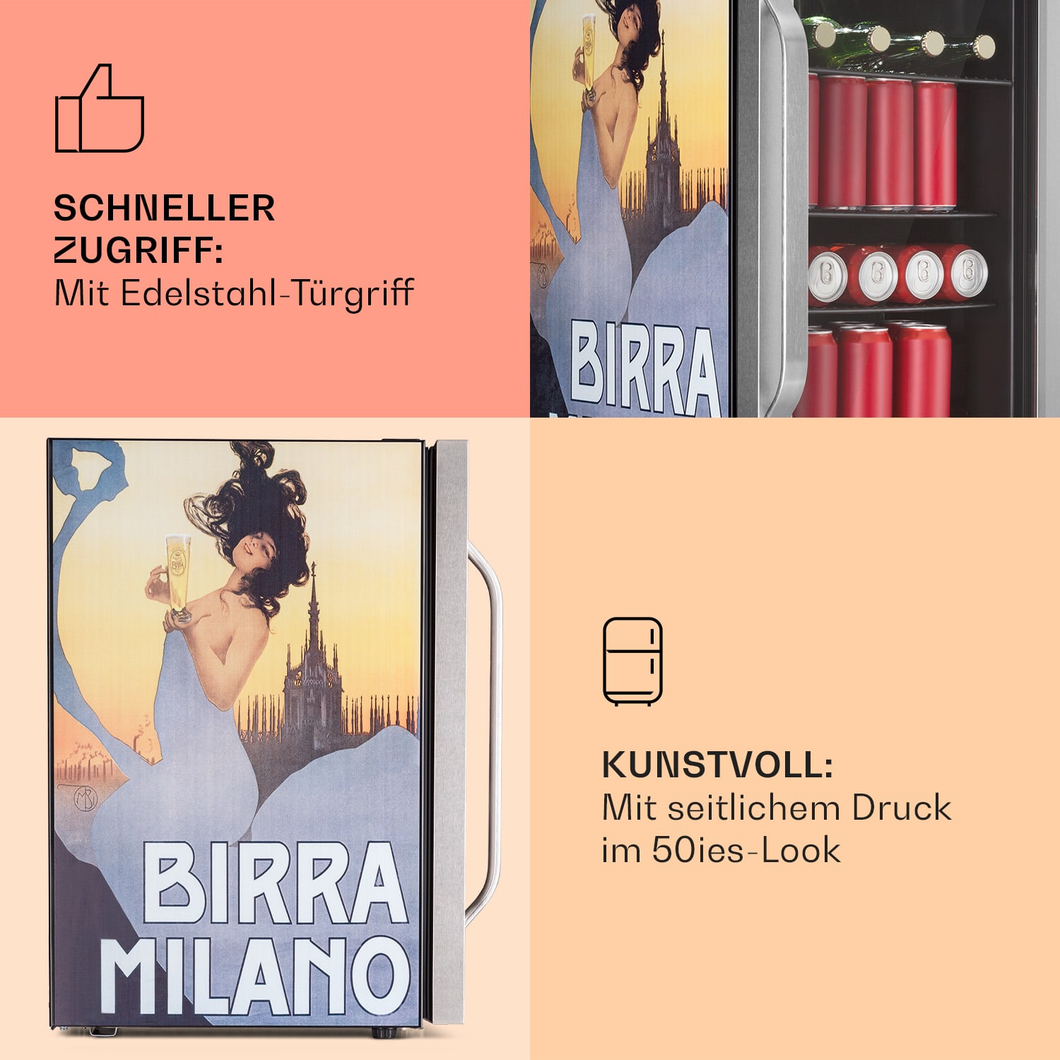 Beersafe 70 Birra Milano Edition Kühlschrank 70 Liter 3 Böden Panoramaglastür Edelstahl 