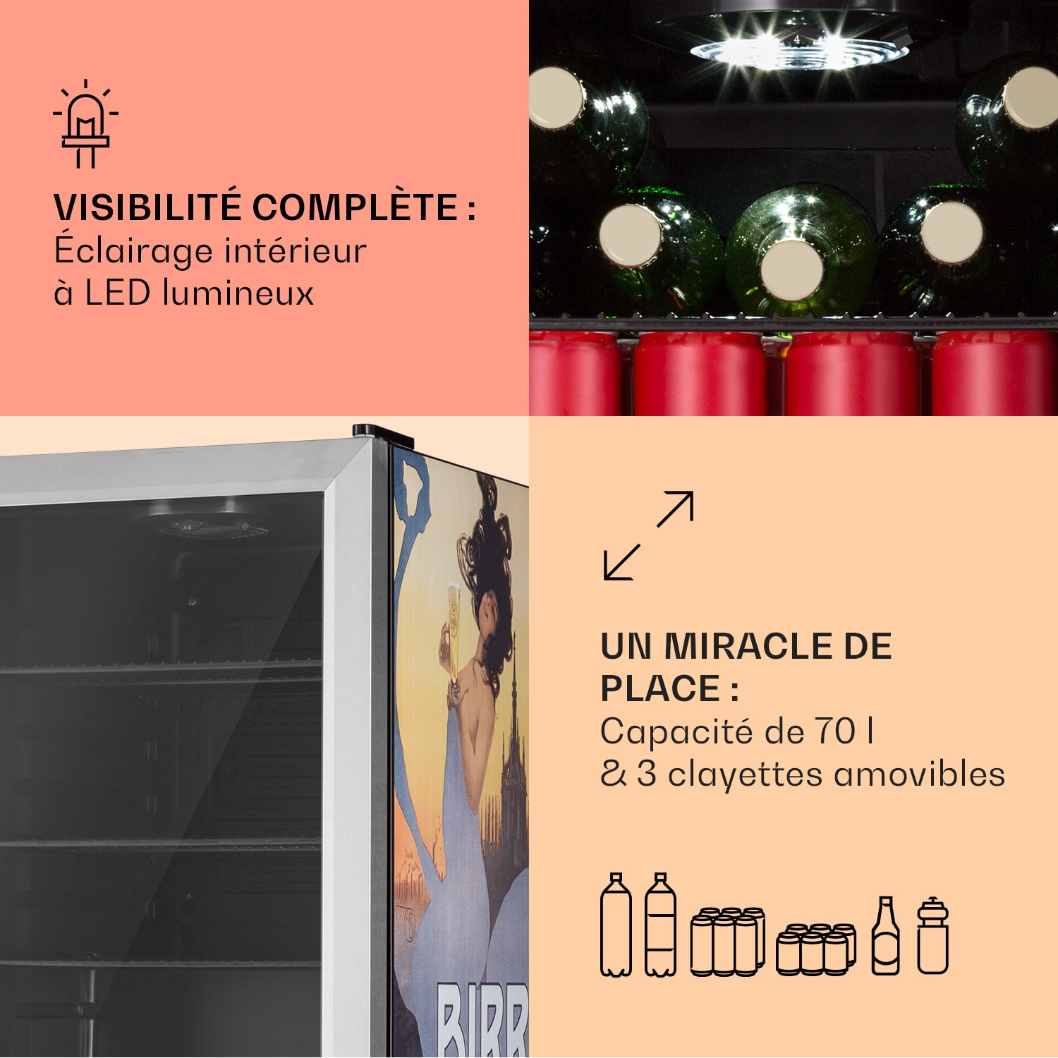 Beersafe 70 Birra Milano Edition Réfrigérateur 70 litres 3 clayettes Porte vitrée panoramique Acier inoxydable 