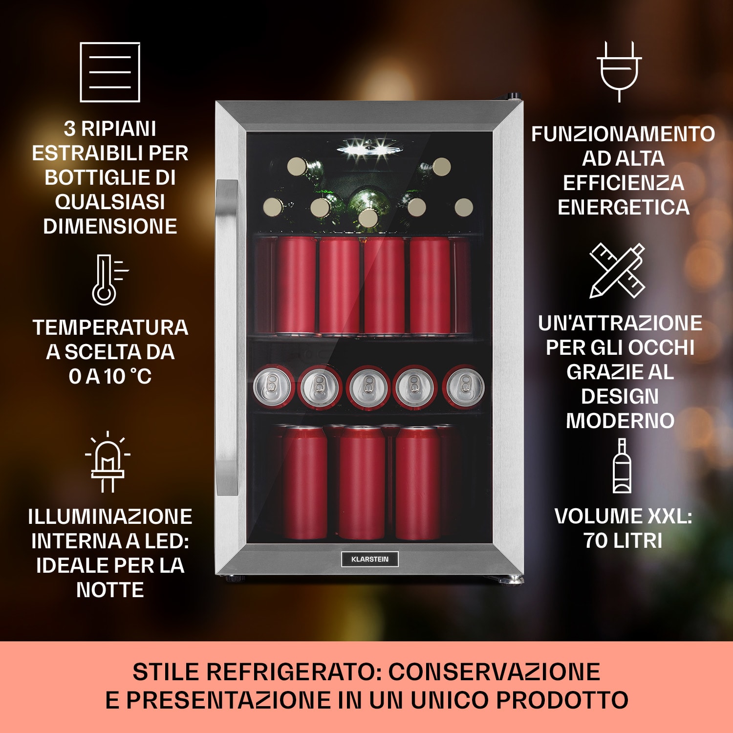 Beersafe 70 Birra Milano Edition - Frigorifero, 70 litri, 3 ripiani, sportello panoramico in vetro, acciaio inox 