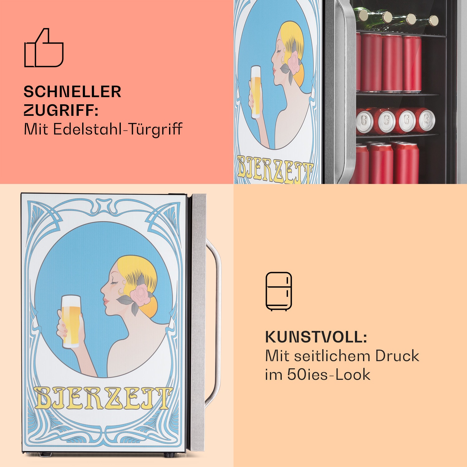 Beersafe 70 Bierzeit Edition Kühlschrank 70 Liter 3 Böden Panoramaglastür Edelstahl 