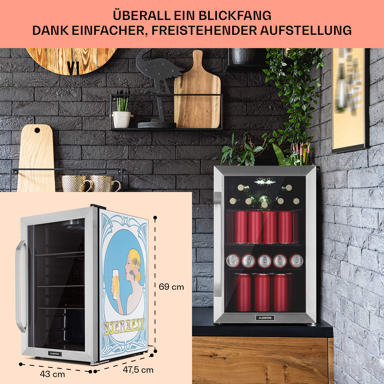 Beersafe 70 Bierzeit Edition Kühlschrank 70 Liter 3 Böden Panoramaglastür Edelstahl 