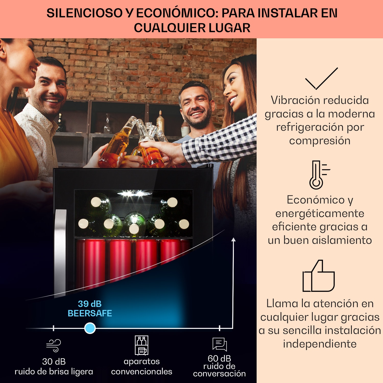 Nevera Beersafe 70 Bierzeit Edition 70 litros 3 estantes Puerta panorámica de cristal Acero inoxidable 