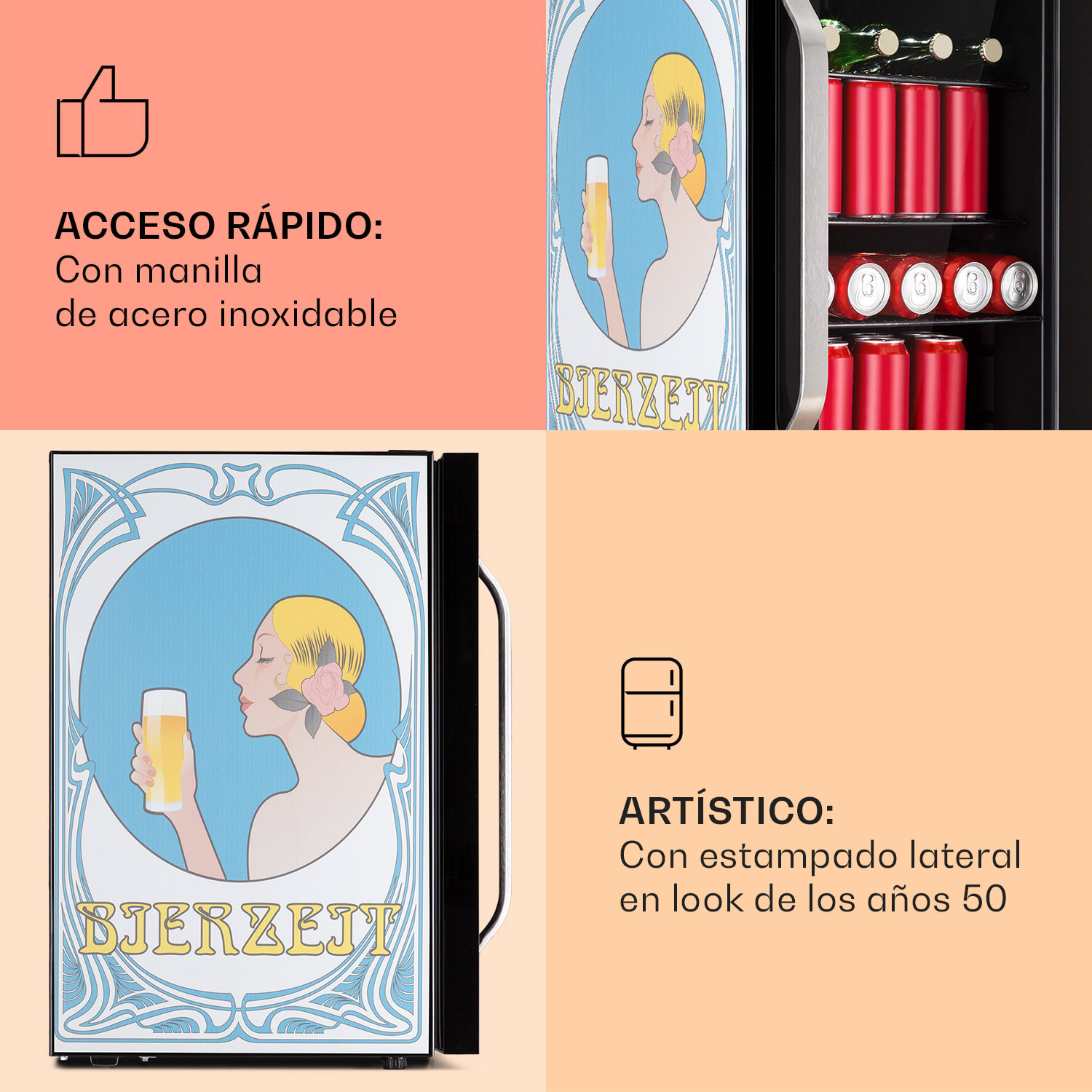 Nevera Beersafe 70 Bierzeit Edition 70 litros 3 estantes Puerta panorámica de cristal Acero inoxidable 