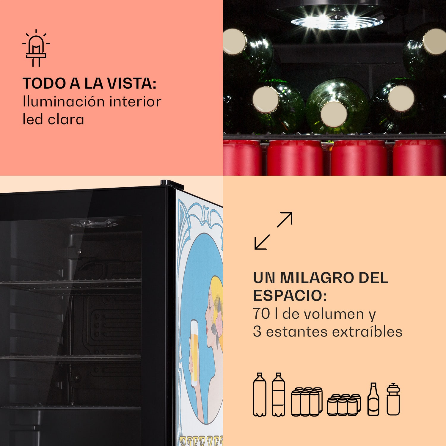 Nevera Beersafe 70 Bierzeit Edition 70 litros 3 estantes Puerta panorámica de cristal Acero inoxidable 