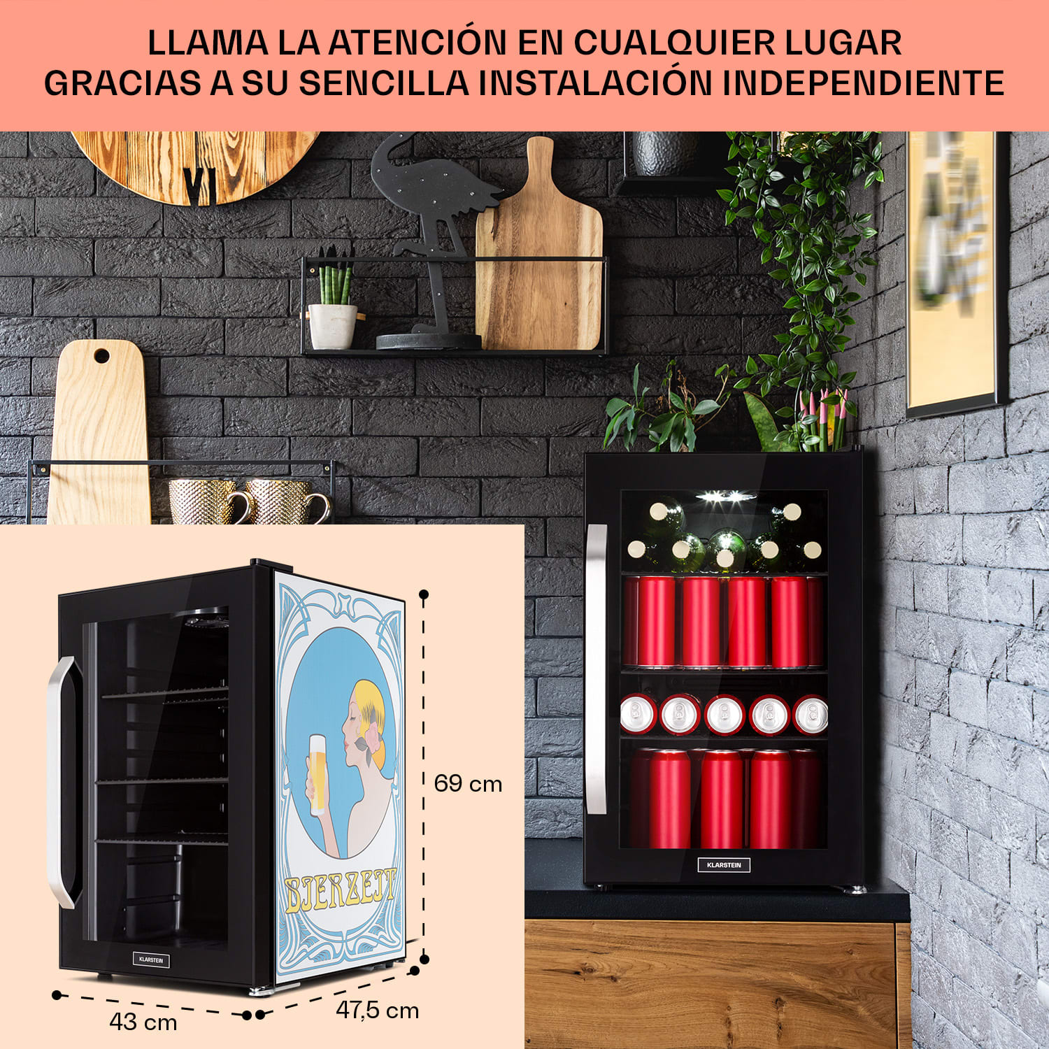 Nevera Beersafe 70 Bierzeit Edition 70 litros 3 estantes Puerta panorámica de cristal Acero inoxidable 