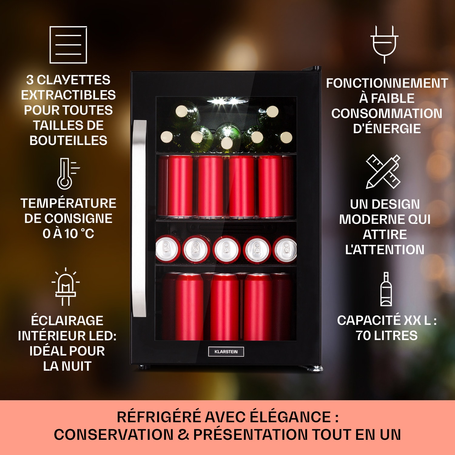 Beersafe 70 Bierzeit Edition Réfrigérateur 70 litres 3 clayettes Porte vitrée panoramique Acier inoxydable 
