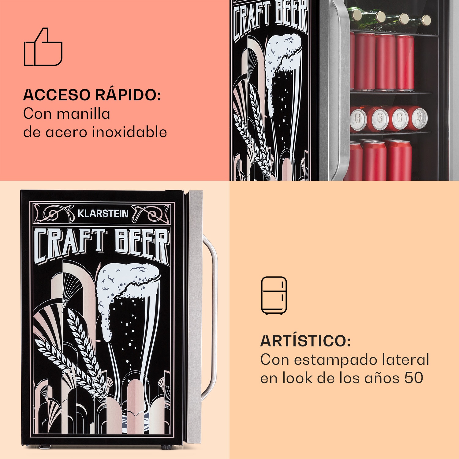 Nevera Beersafe 70 Craft Beer Edition 70 litros 3 estantes Puerta panorámica de cristal Acero inoxidable 
