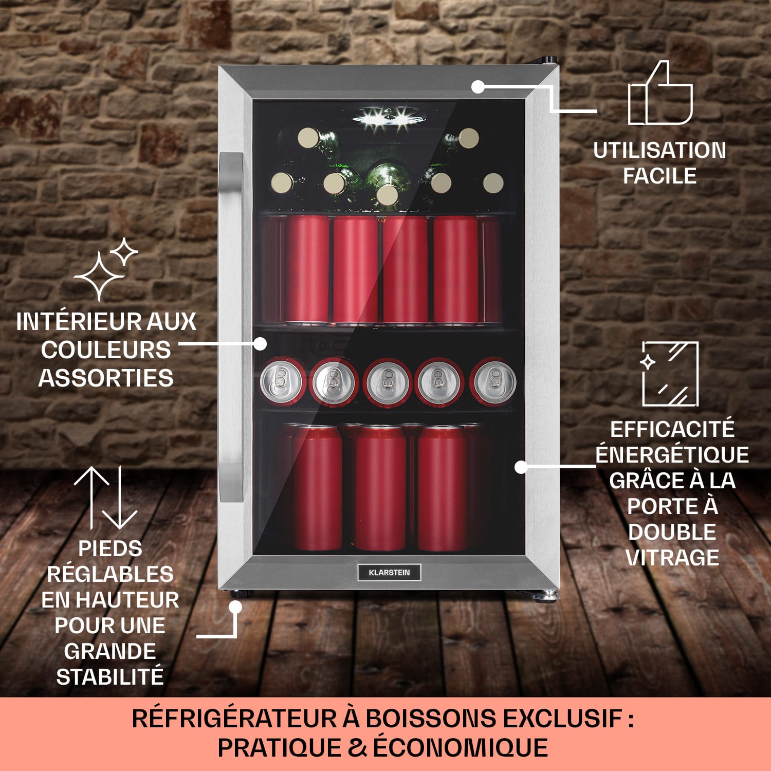 Beersafe 70 Craft Beer Edition Réfrigérateur 70 litres 3 clayettes Porte vitrée panoramique Acier inoxydable 
