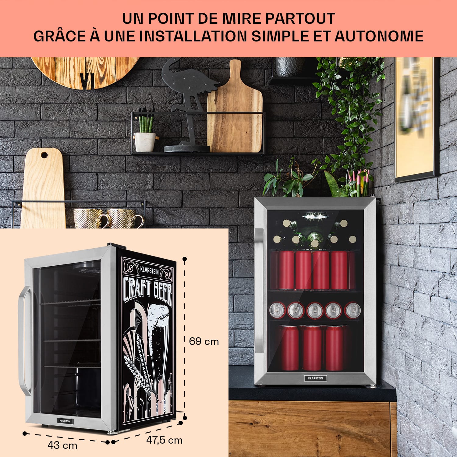 Beersafe 70 Craft Beer Edition Réfrigérateur 70 litres 3 clayettes Porte vitrée panoramique Acier inoxydable 