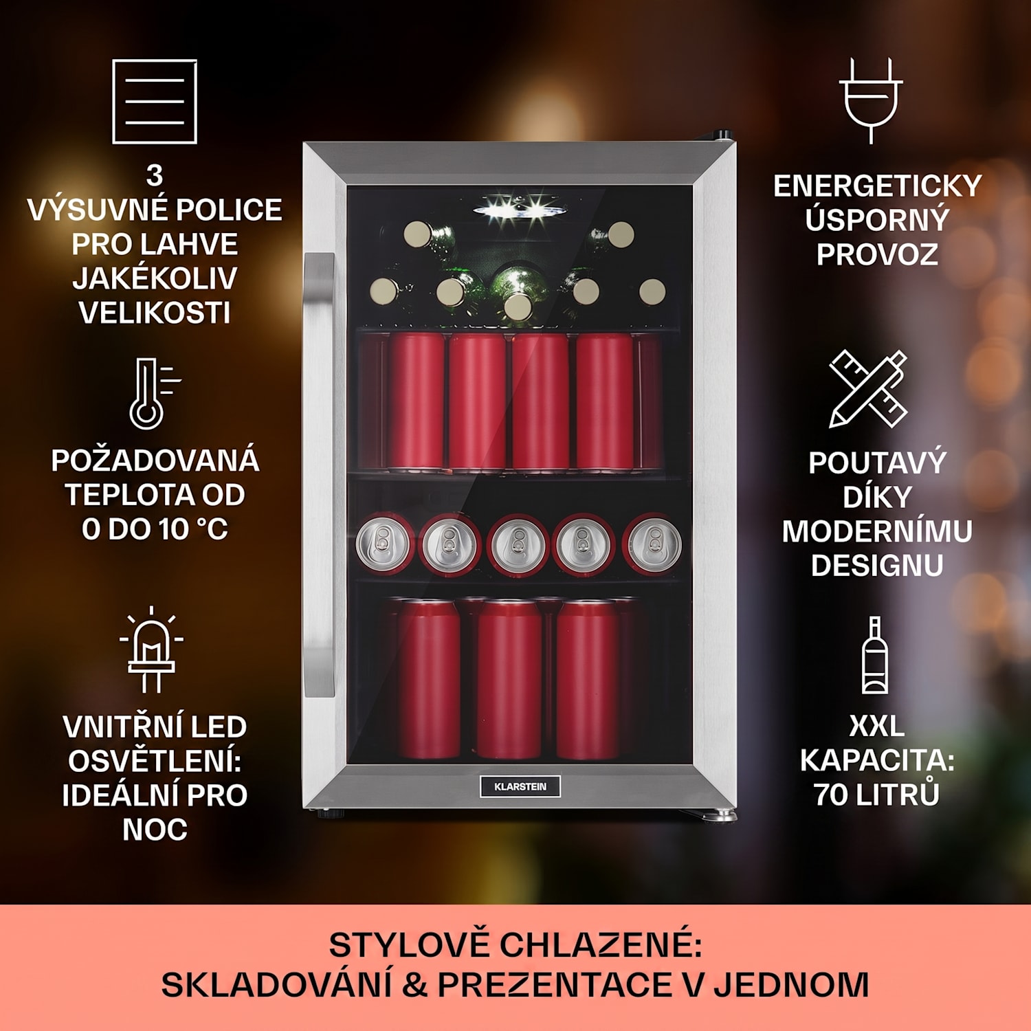 Beersafe 70 Birra Edition, lednice, 70 litrů, 3 police, panoramatické skleněné dveře, nerezová ocel 