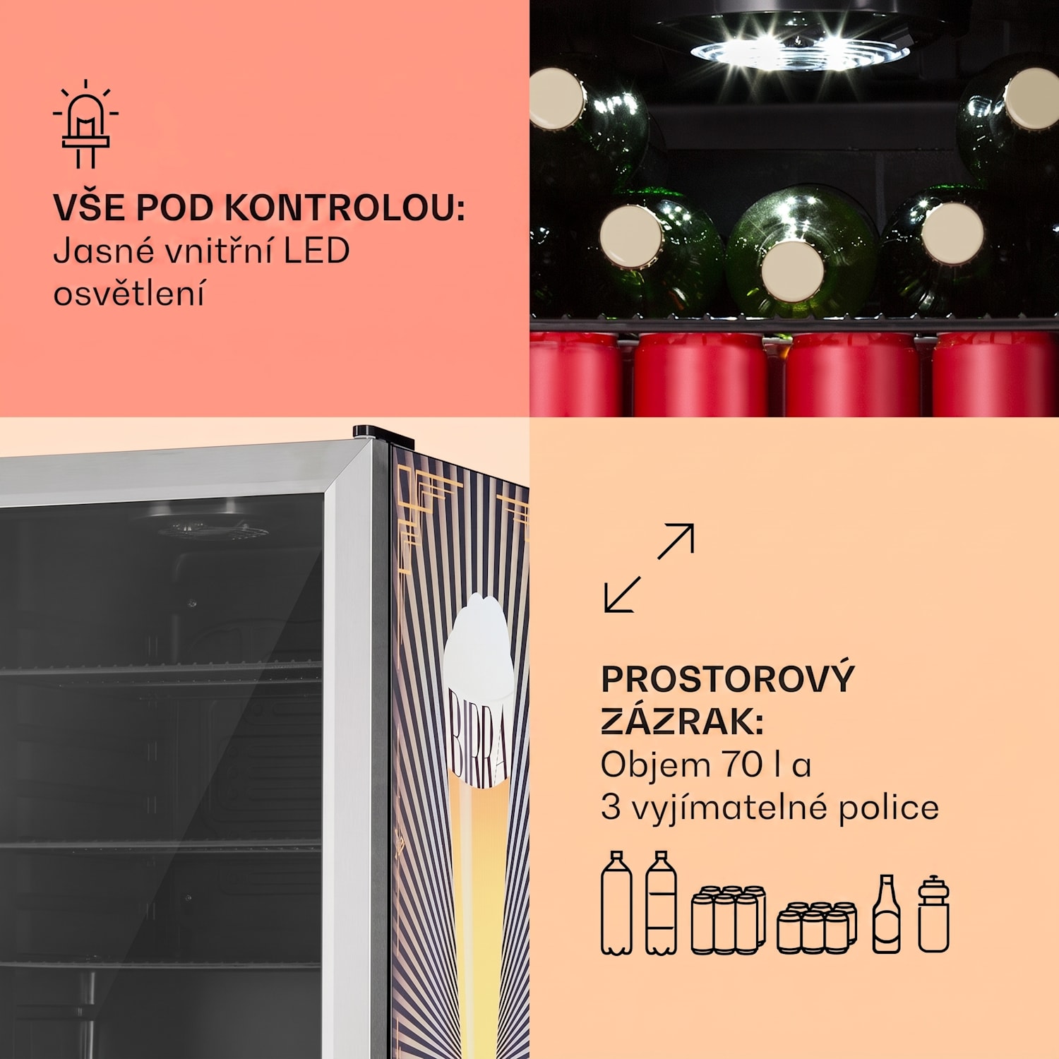 Beersafe 70 Birra Edition, lednice, 70 litrů, 3 police, panoramatické skleněné dveře, nerezová ocel 