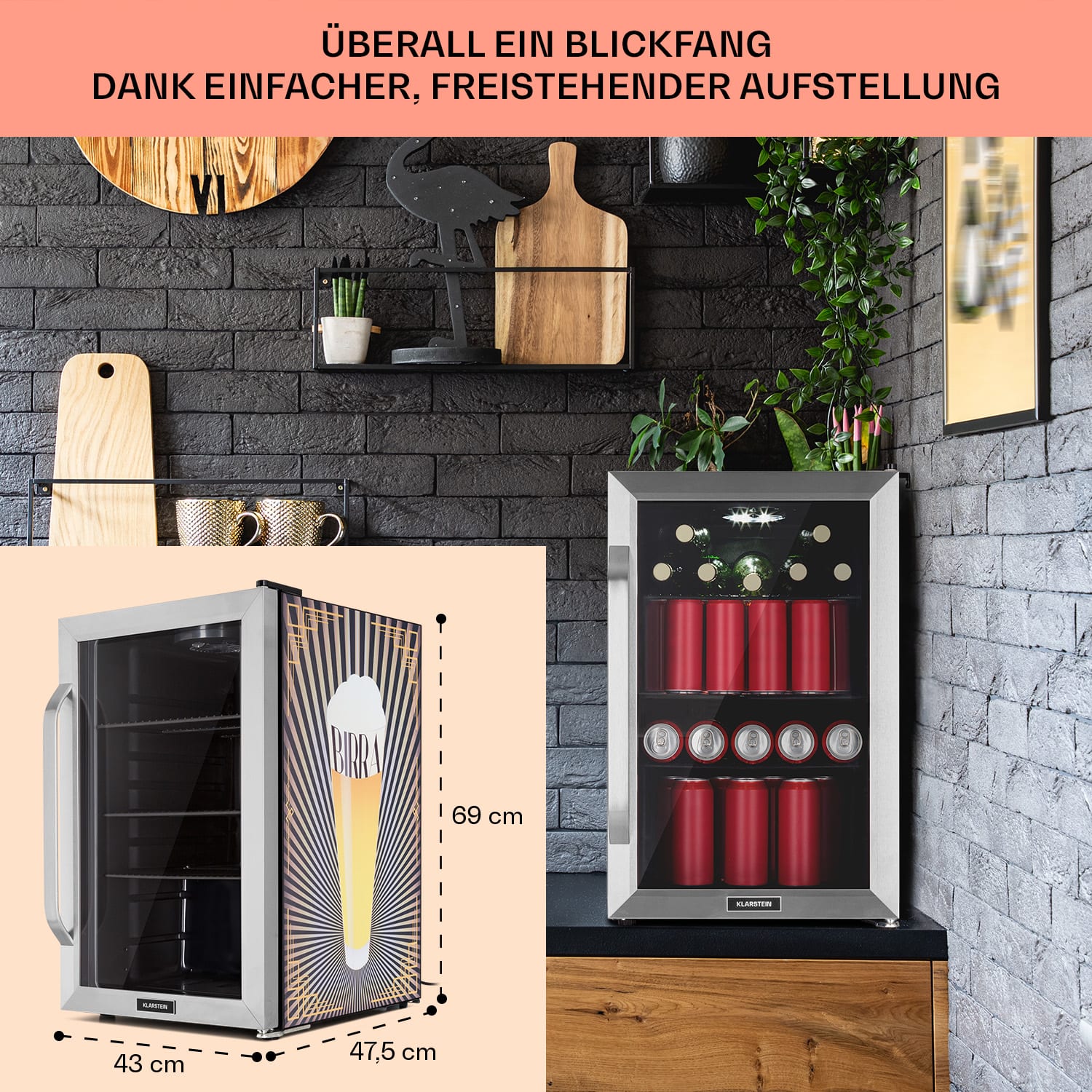 Beersafe 70 Birra Edition Kühlschrank 70 Ltr 3 Böden Glastür Edelstahl 