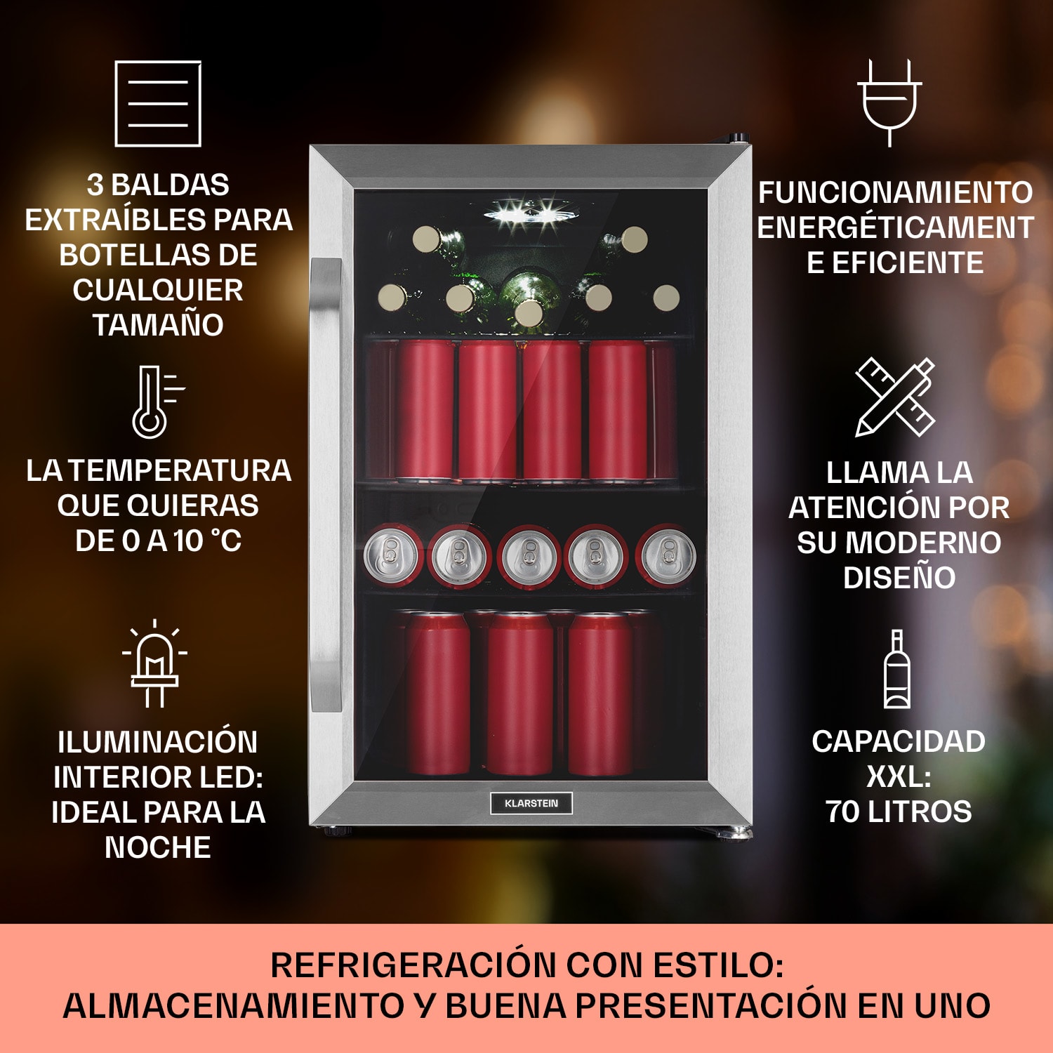 Nevera Beersafe 70 Birra Edition 70 litros 3 estantes Puerta panorámica de cristal Acero inoxidable 