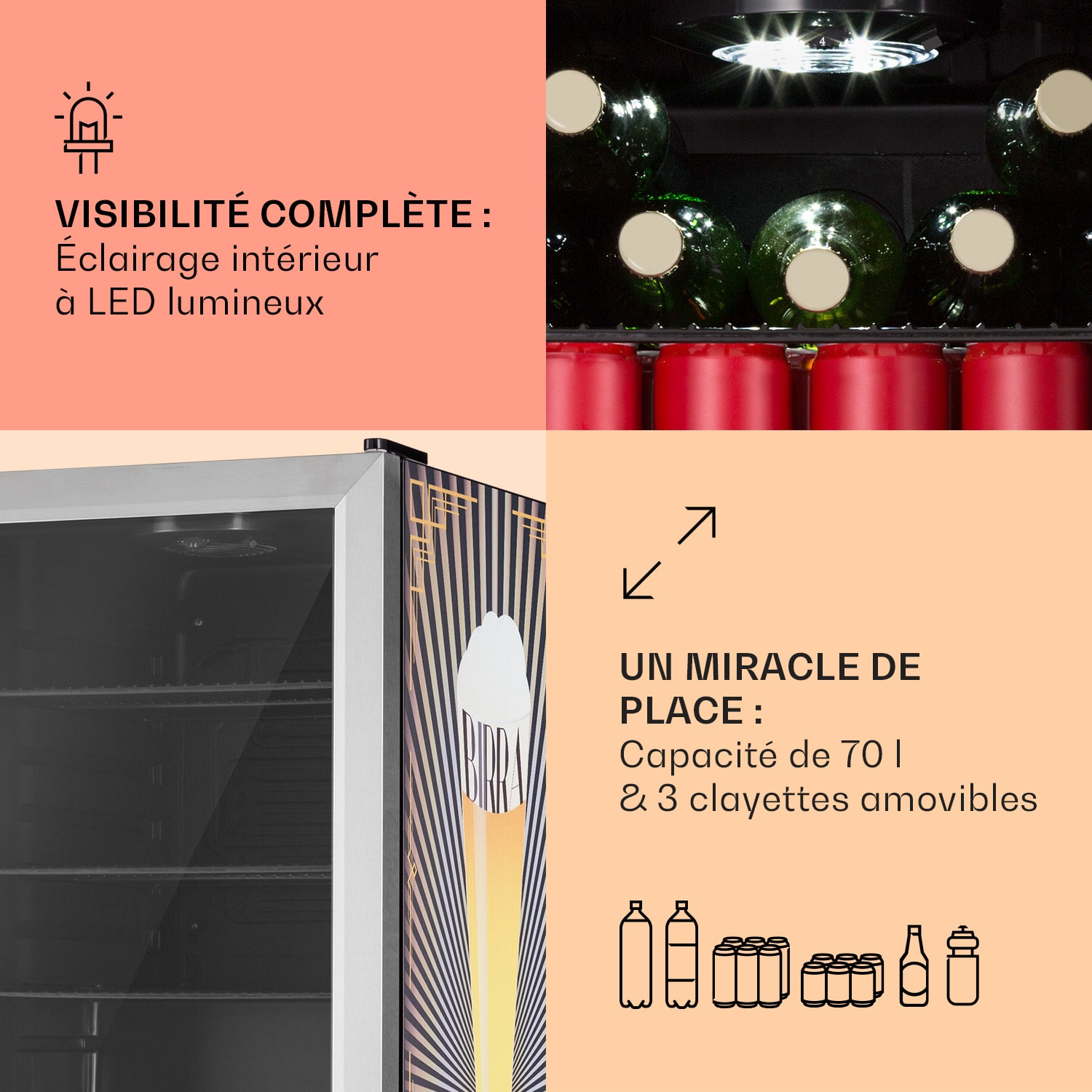 Beersafe 70 Birra Edition koelkast 70 liter 3 roosters glazen panoramadeur rvs 