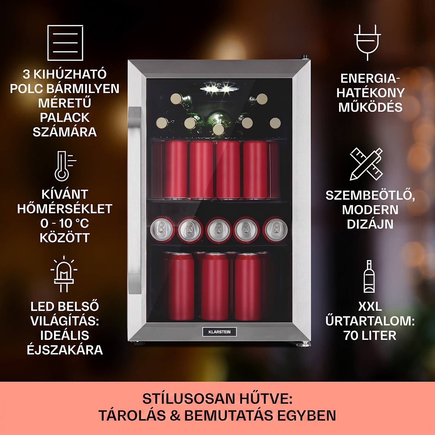 Beersafe 70 Birra Edition, hűtőszekrény, 70 liter, 3 polc, panoráma üvegajtó, rozsdamentes acél 