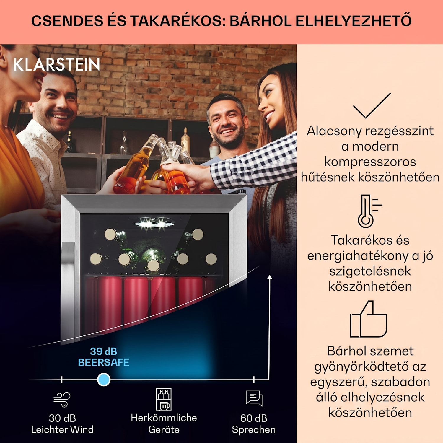 Beersafe 70 Birra Edition, hűtőszekrény, 70 liter, 3 polc, panoráma üvegajtó, rozsdamentes acél 