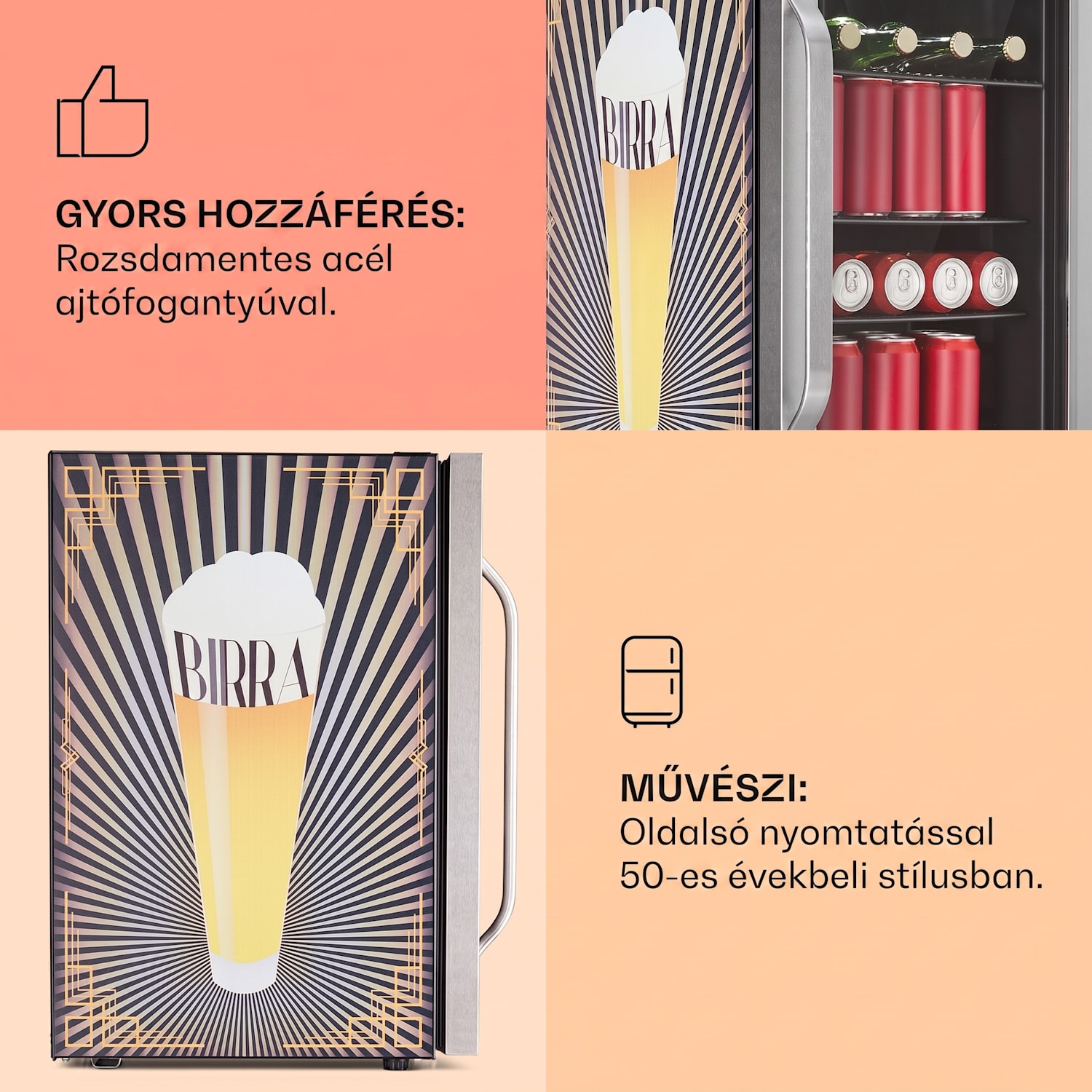 Beersafe 70 Birra Edition, hűtőszekrény, 70 liter, 3 polc, panoráma üvegajtó, rozsdamentes acél 