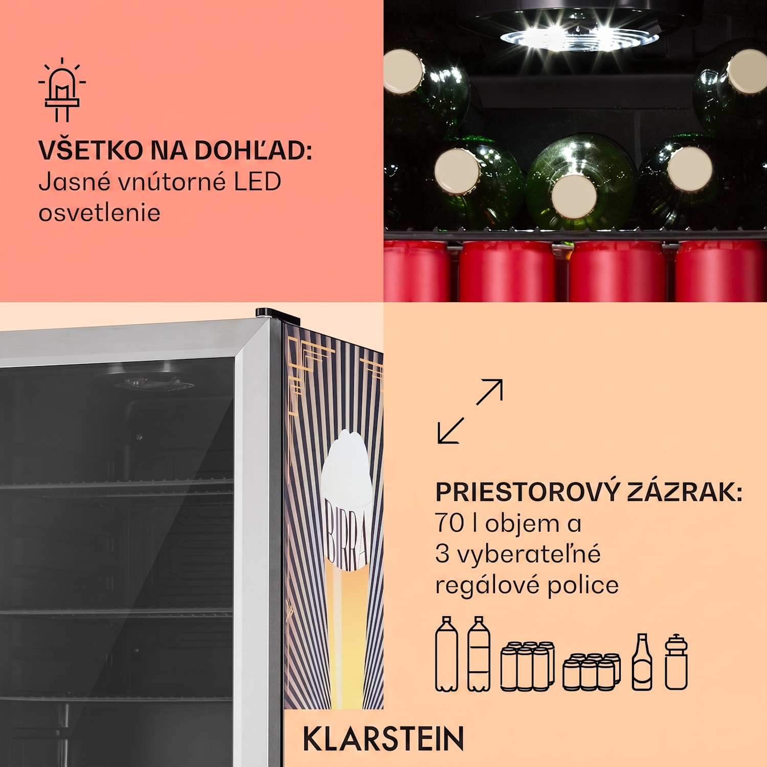 Beersafe 70 Birra Edition, chladnička, 70 litrov, 3 police, sklenené dvere, nehrdzavejúca oceľ 