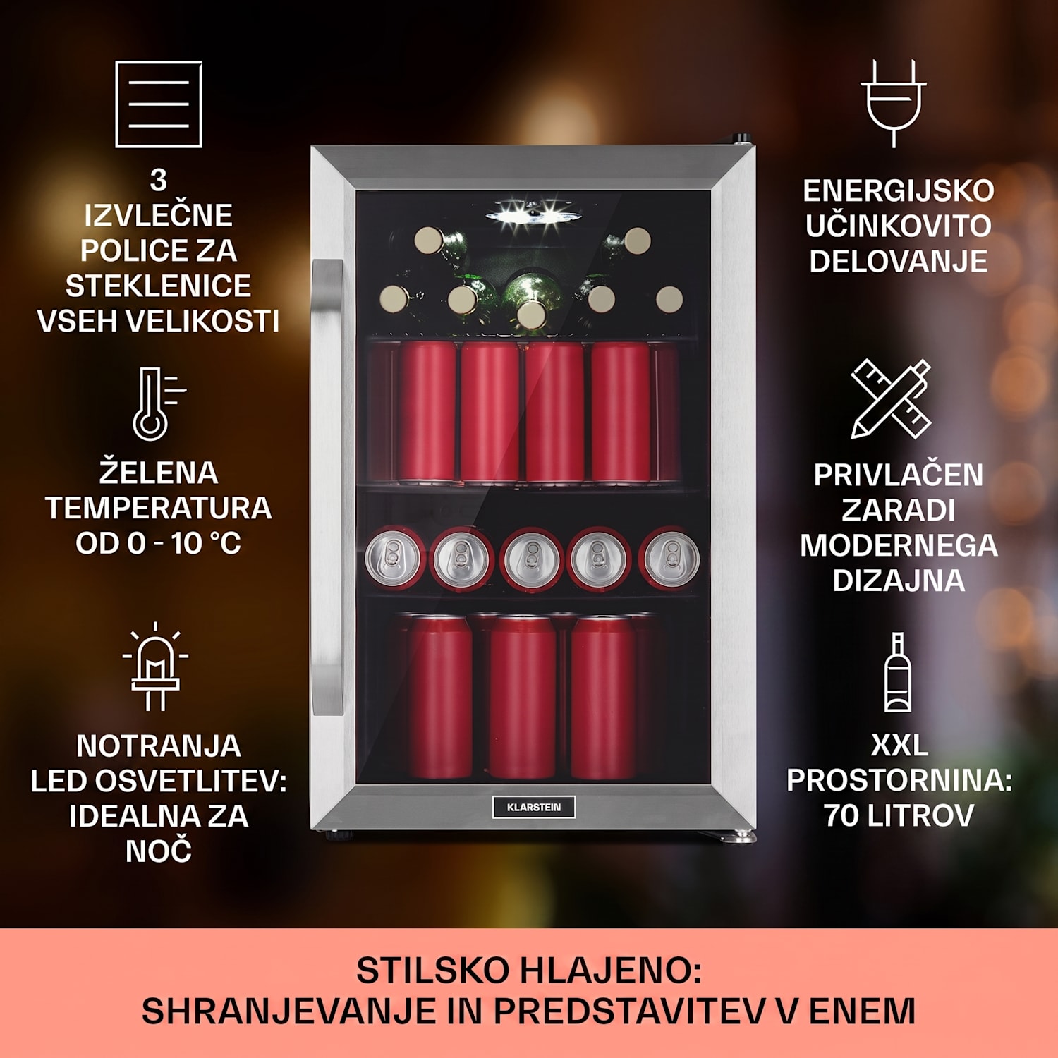 Beersafe 70, Bier-Print Edition, hladilnik, 70 litrov, 3 police, panoramska steklena vrata, nerjaveče jeklo 