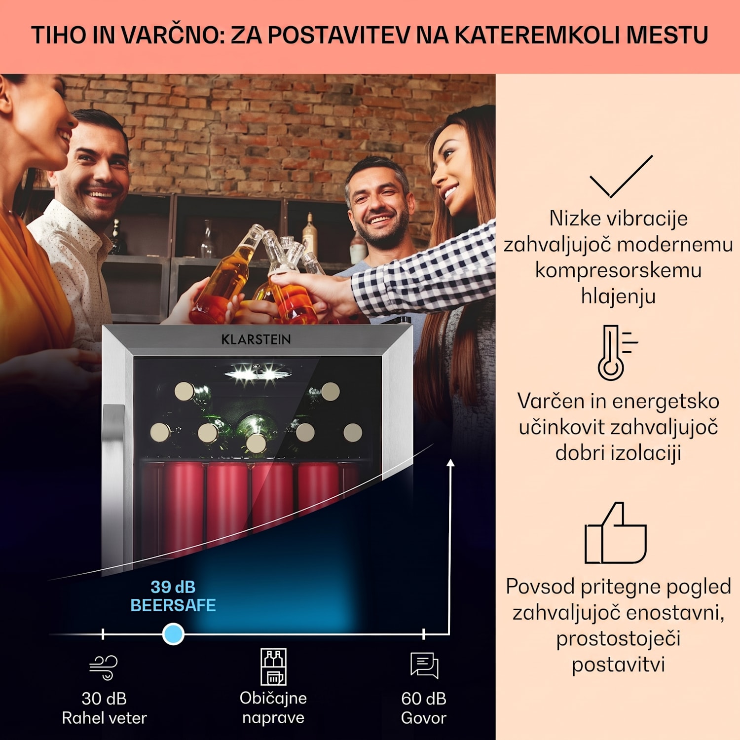 Beersafe 70, Bier-Print Edition, hladilnik, 70 litrov, 3 police, panoramska steklena vrata, nerjaveče jeklo 