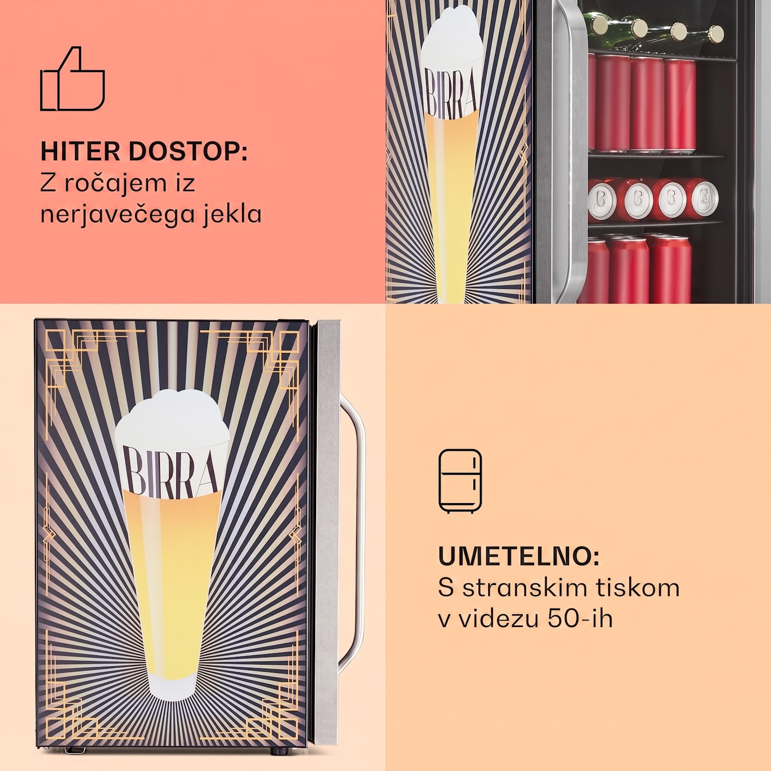 Beersafe 70, Bier-Print Edition, hladilnik, 70 litrov, 3 police, panoramska steklena vrata, nerjaveče jeklo 