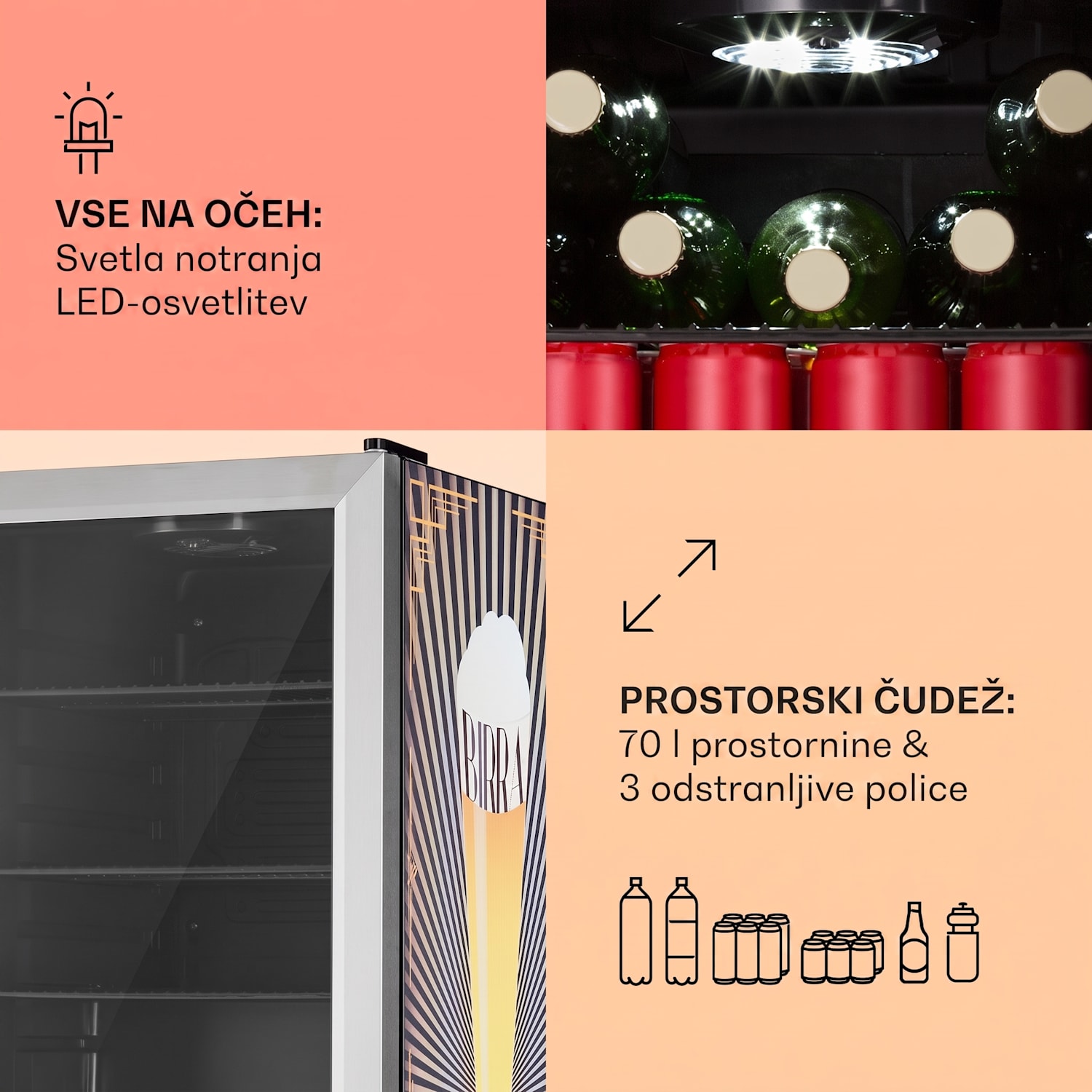 Beersafe 70, Bier-Print Edition, hladilnik, 70 litrov, 3 police, panoramska steklena vrata, nerjaveče jeklo 