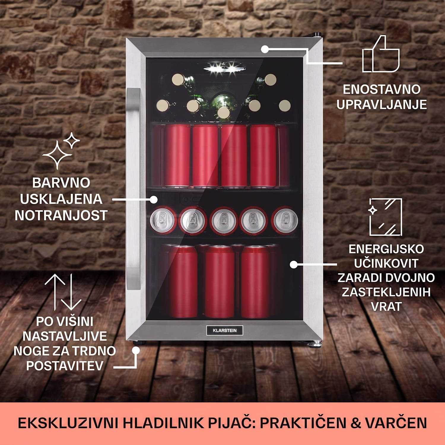 Beersafe 70, Bier-Print Edition, hladilnik, 70 litrov, 3 police, panoramska steklena vrata, nerjaveče jeklo 