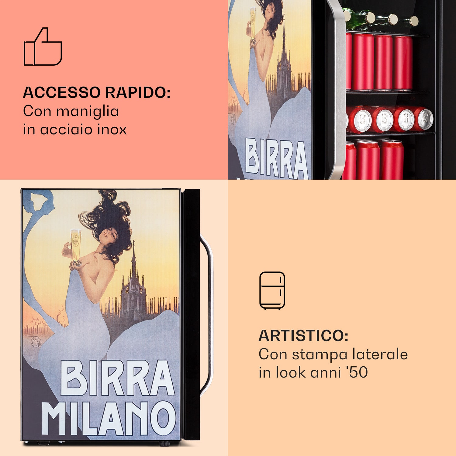 Beersafe 70 Birra Milano Edition - Frigorifero, 70 litri, 3 ripiani, sportello panoramico in vetro, acciaio inox 