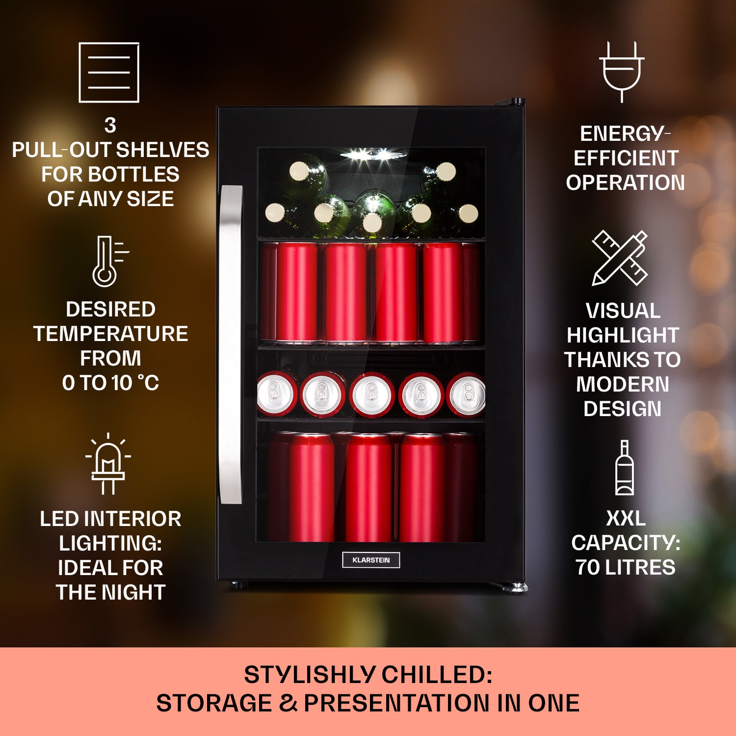 Beersafe 70, Birra Milano Edition, chladnička, 70 litrů, 3 police, panoramatické skleněné dveře, nerezová ocel 