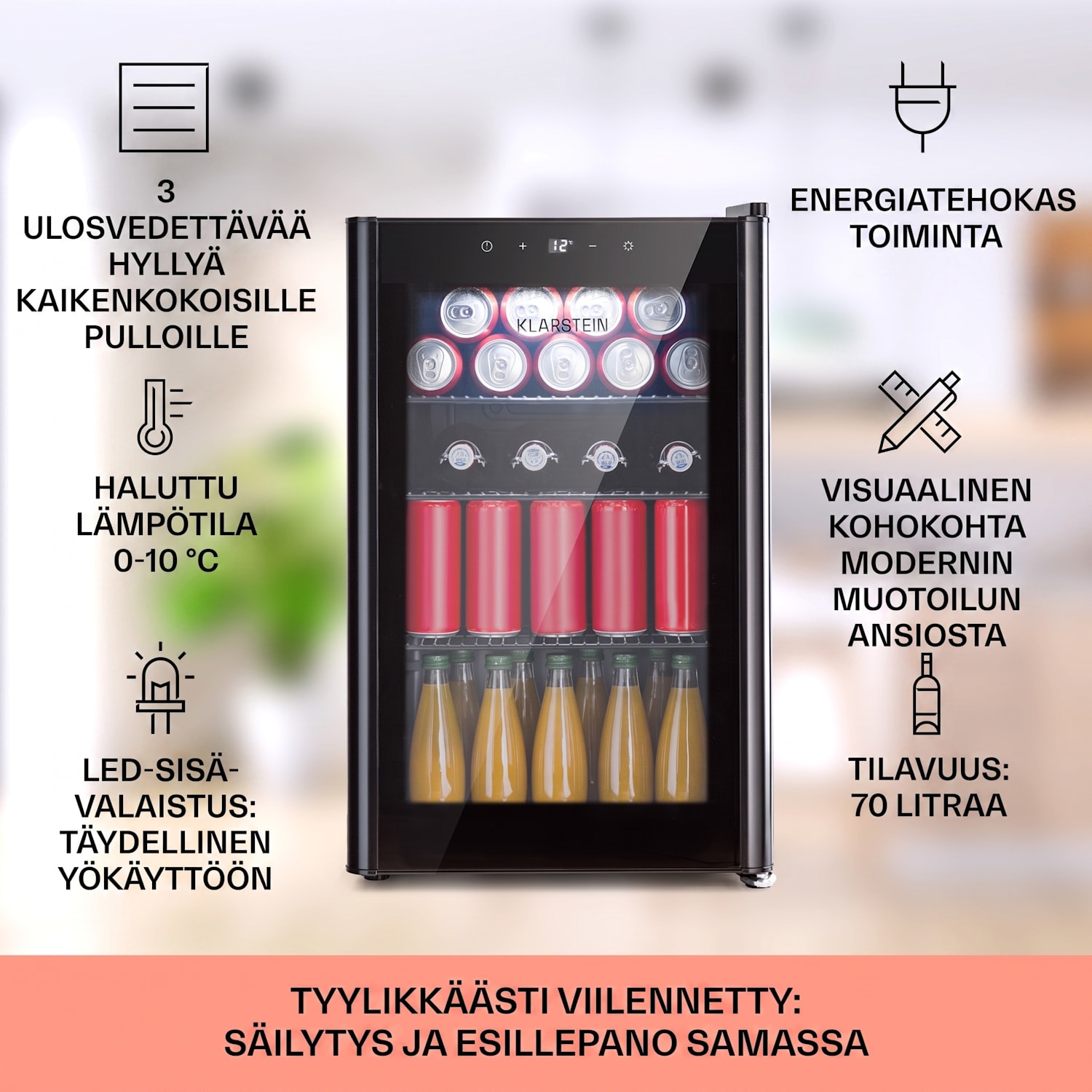 Beercave 70 jääkaappi 70 l 3 tasoa 3-kertaisesti eristetty lasiovi kosketus 70 l | Musta