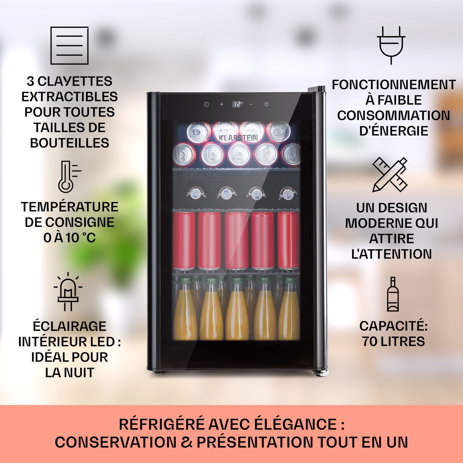 Beercave 70 Réfrigérateur 70 litres 3 clayettes porte isolation triple vitrage tactile 