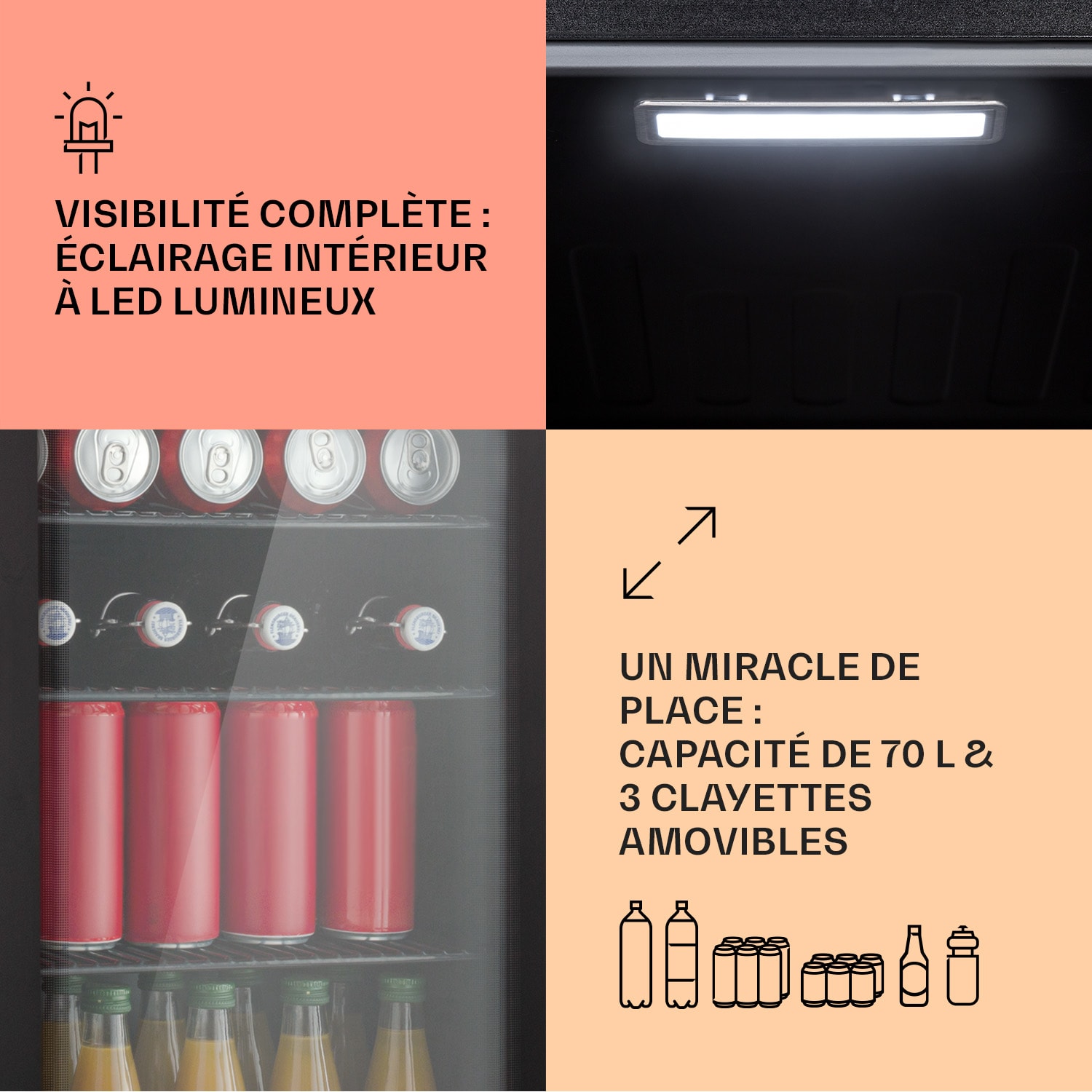 Beercave 70 Réfrigérateur 70 litres 3 clayettes porte isolation triple vitrage tactile 