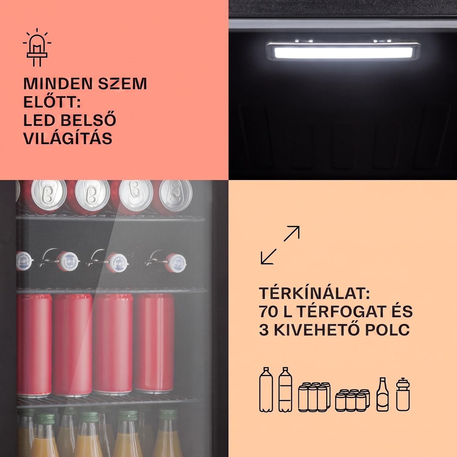Beercave 70, hűtőszekrény, 70 liter, 3 polc, háromszorosan szigetelt üvegajtó, érintős 70 Ltr | Fekete