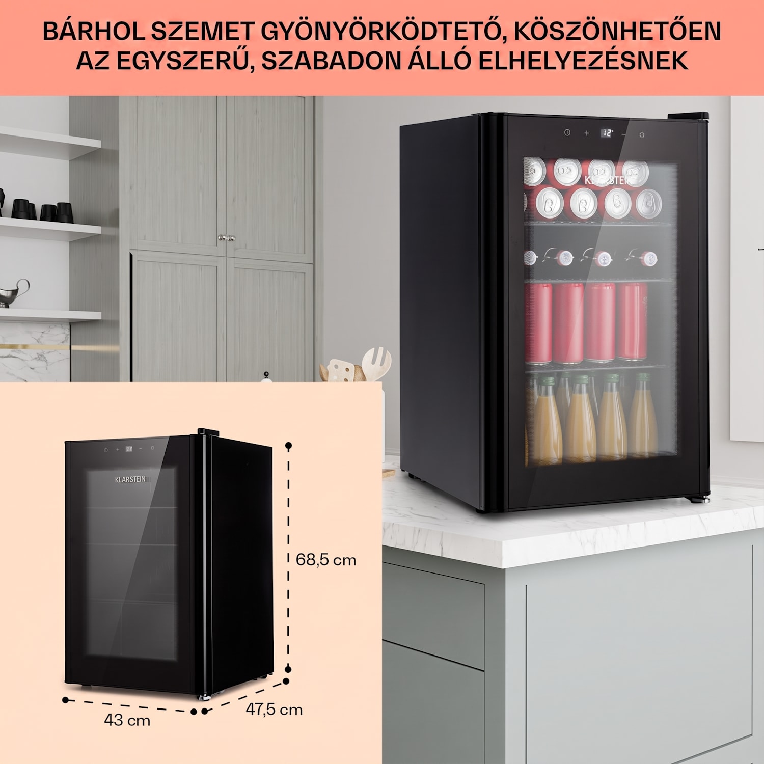 Beercave 70, hűtőszekrény, 70 liter, 3 polc, háromszorosan szigetelt üvegajtó, érintős 70 Ltr | Fekete