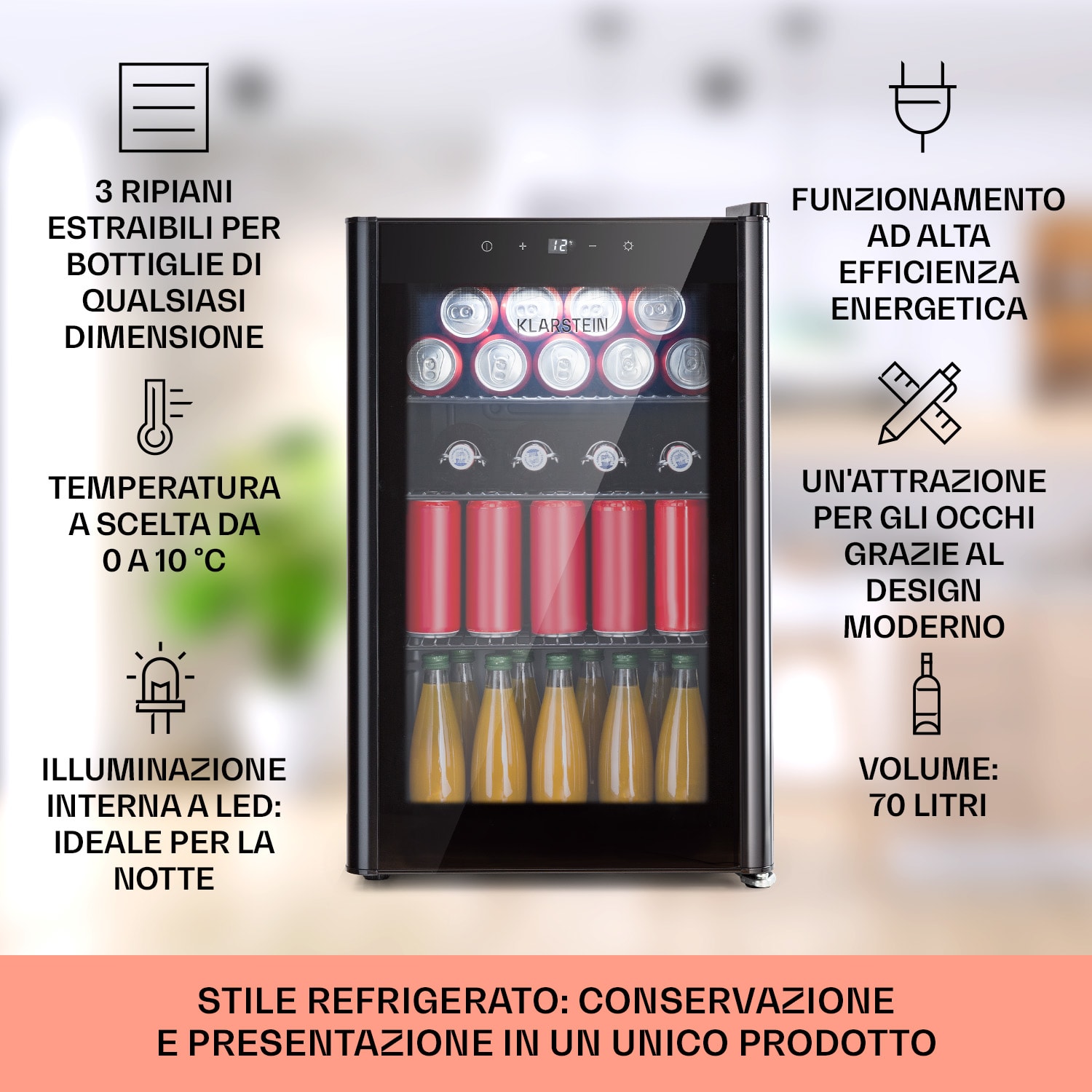 Beercave 70 - Frigorifero, 70 litri, 3 ripiani, sportello in vetro a triplo isolamento, touch 