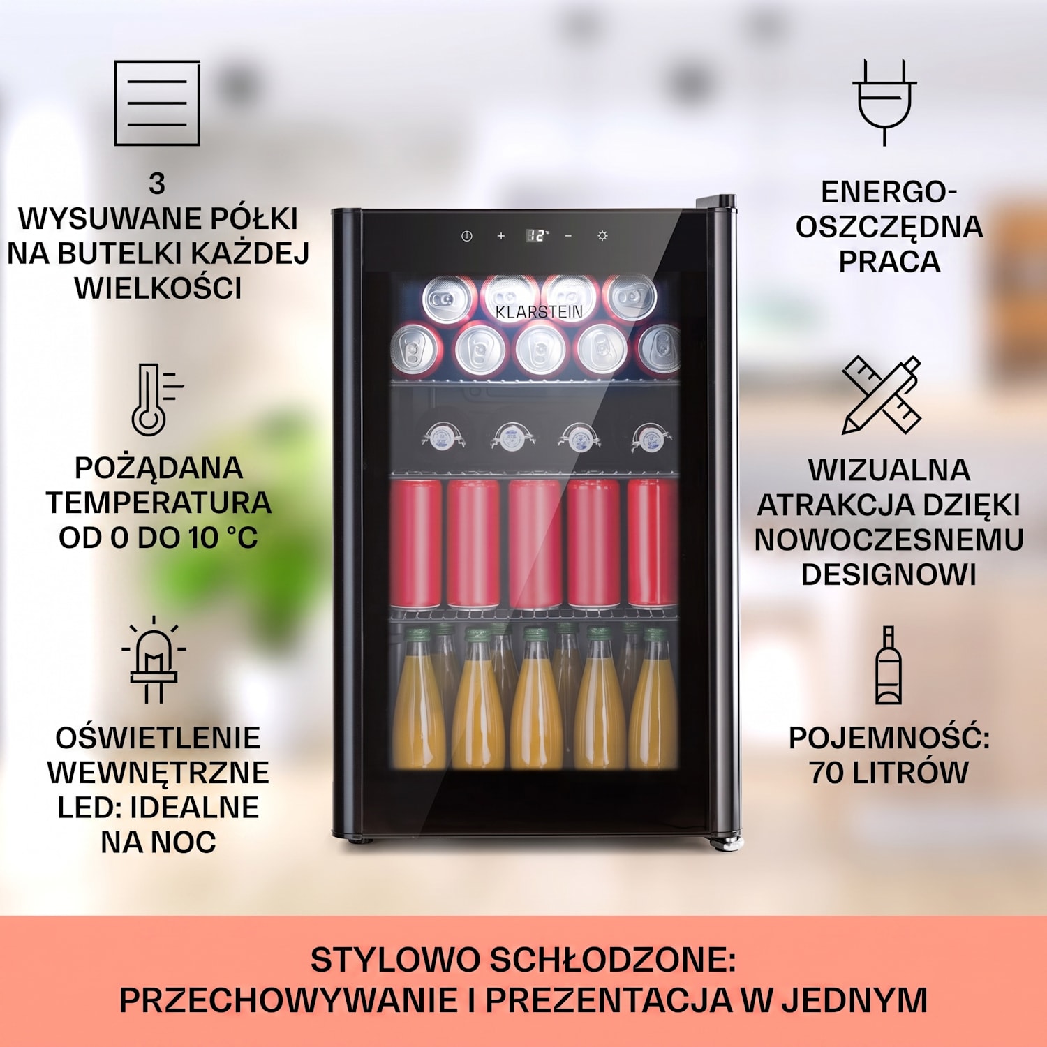 Beercave 70, lodówka, 70 l, 3 półki, szklane drzwi z potrójną izolacją, panel dotykowy 70 Ltr | Czarny