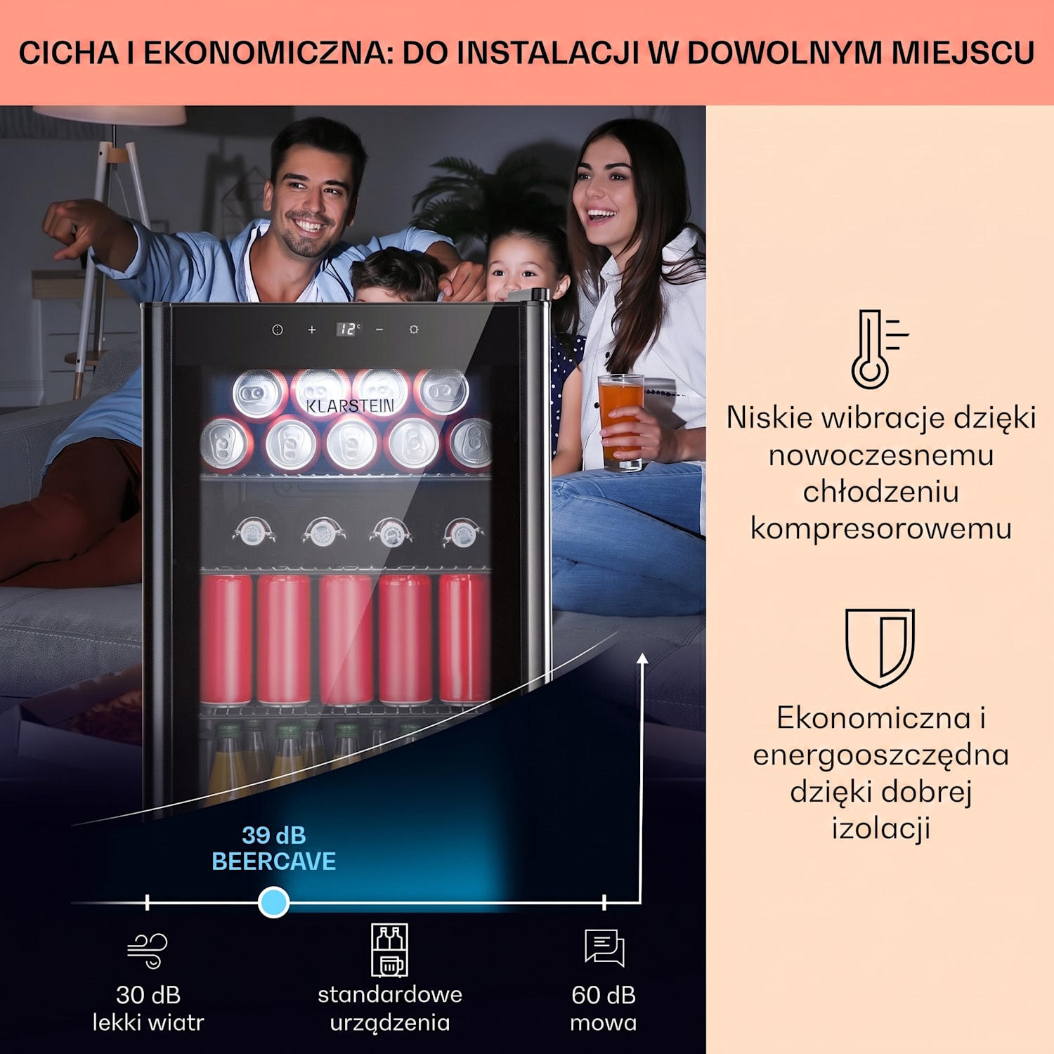 Beercave 70, lodówka, 70 l, 3 półki, szklane drzwi z potrójną izolacją, panel dotykowy 70 Ltr | Czarny