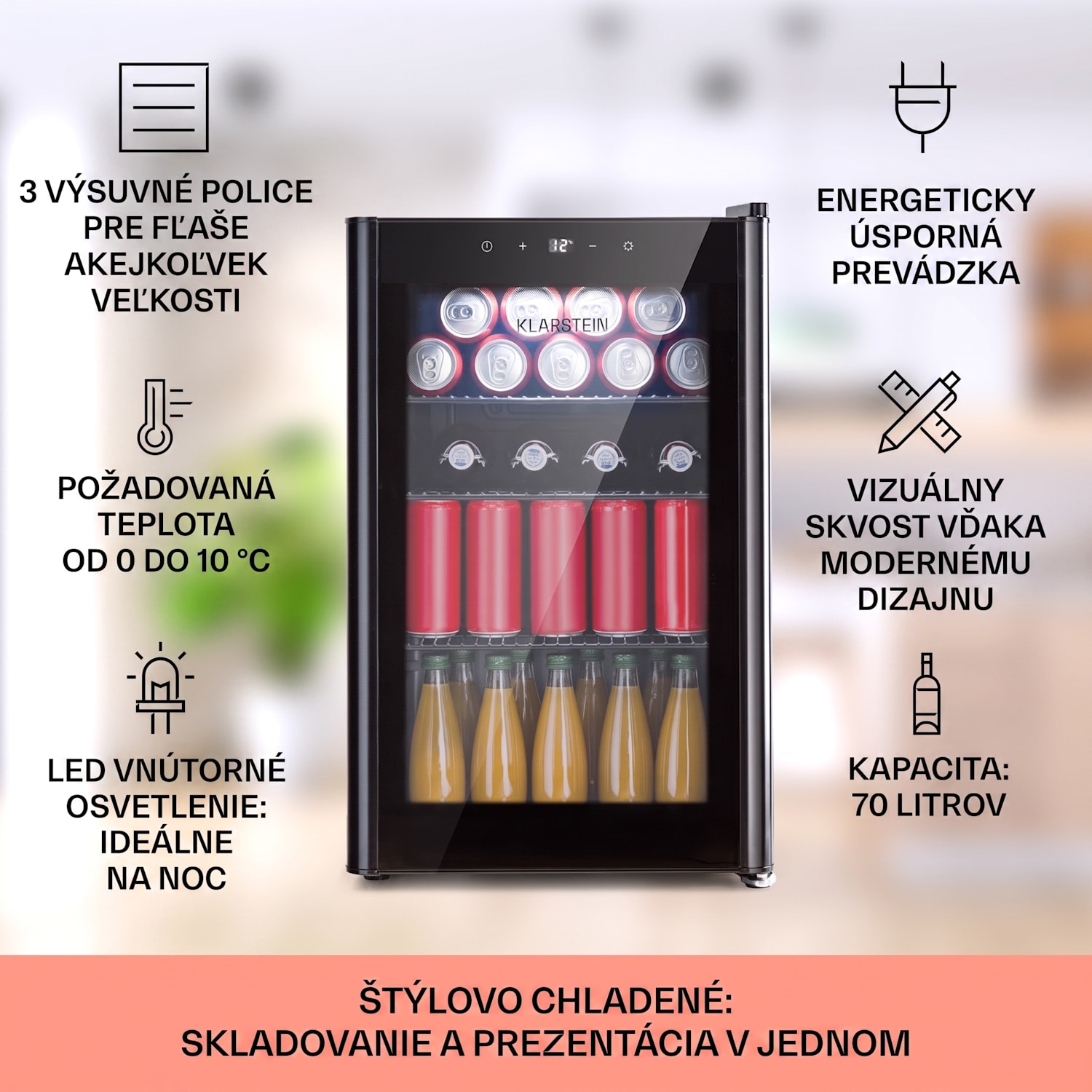 Beercave 70, chladnička, 70 l, 3 police, trojito izolované sklenené dvere, dotyková 70 Ltr | Čierna