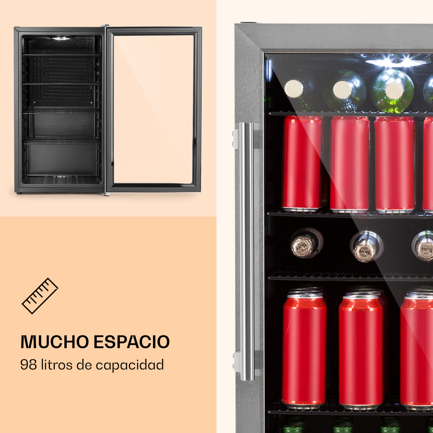 Beersafe 3XL Nevera 98 litros 4 estantes Puerta panorámica de cristal Acero inoxidable 