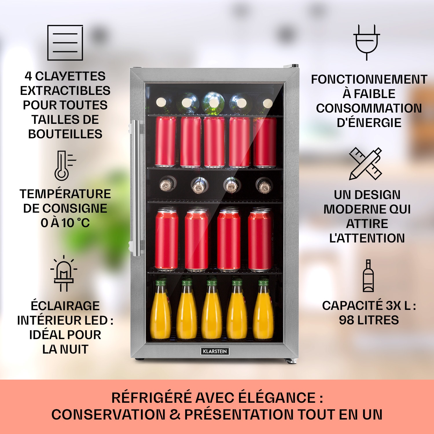 Beersafe 3XL Réfrigérateur 98 litres 4 étagères Porte en verre panoramique Acier inoxydable 98 L | Noir | Argent