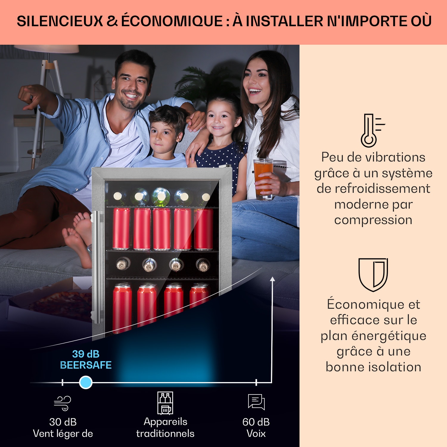 Beersafe 3XL Réfrigérateur 98 litres 4 étagères Porte en verre panoramique Acier inoxydable 98 L | Noir | Argent