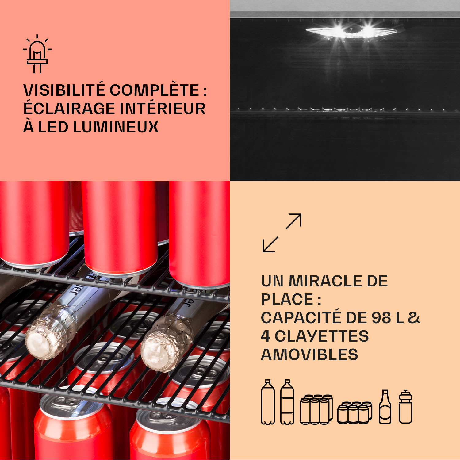 Beersafe 3XL Réfrigérateur 98 litres 4 étagères Porte en verre panoramique Acier inoxydable 98 L | Noir | Argent
