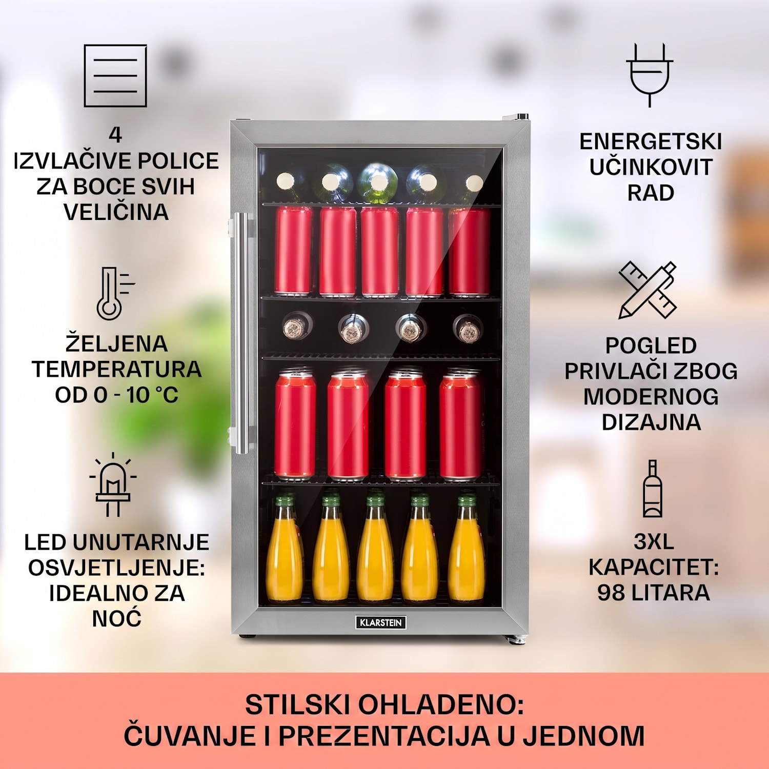 Beersafe 3XL, hladnjak za piće, 98 l, 4 police, 7 razina, crna boja 98 Ltr | Crna | Srebro