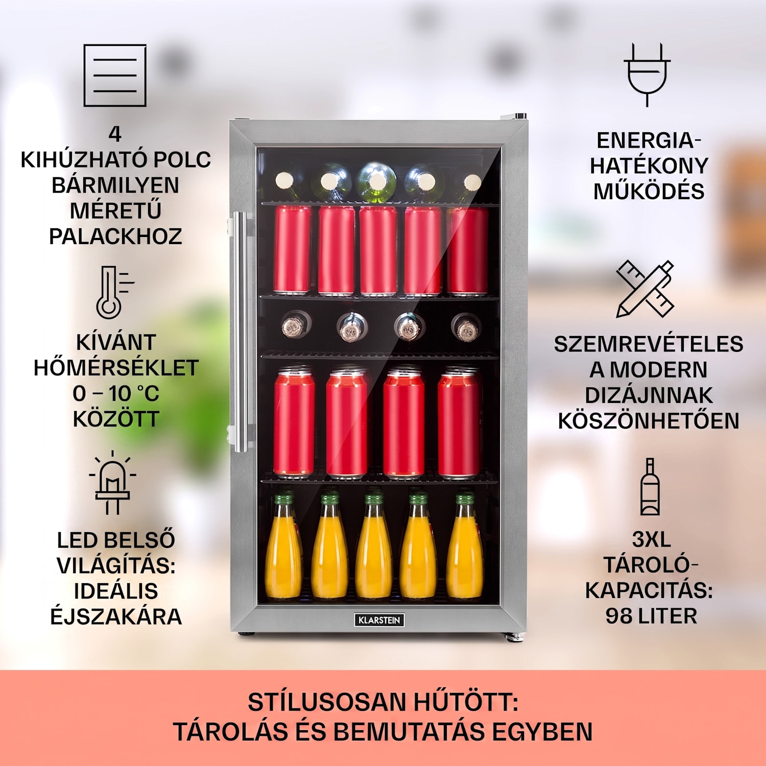 Beersafe 3XL, hűtőszekrény, 98 liter, 4 csúsztatható polc, 7 szint, fekete 98 Ltr | Fekete | Ezüst